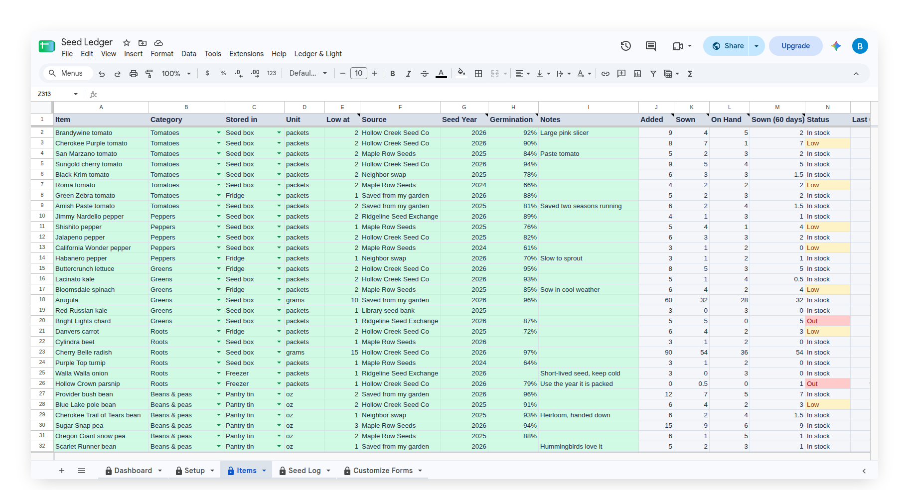 Seed Ledger Items tab with Source, Seed Year, Germination and On Hand