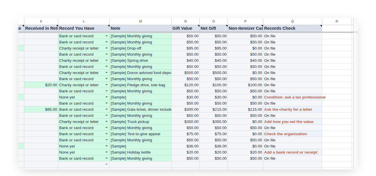 Donation Ledger Gift Log with Records Check