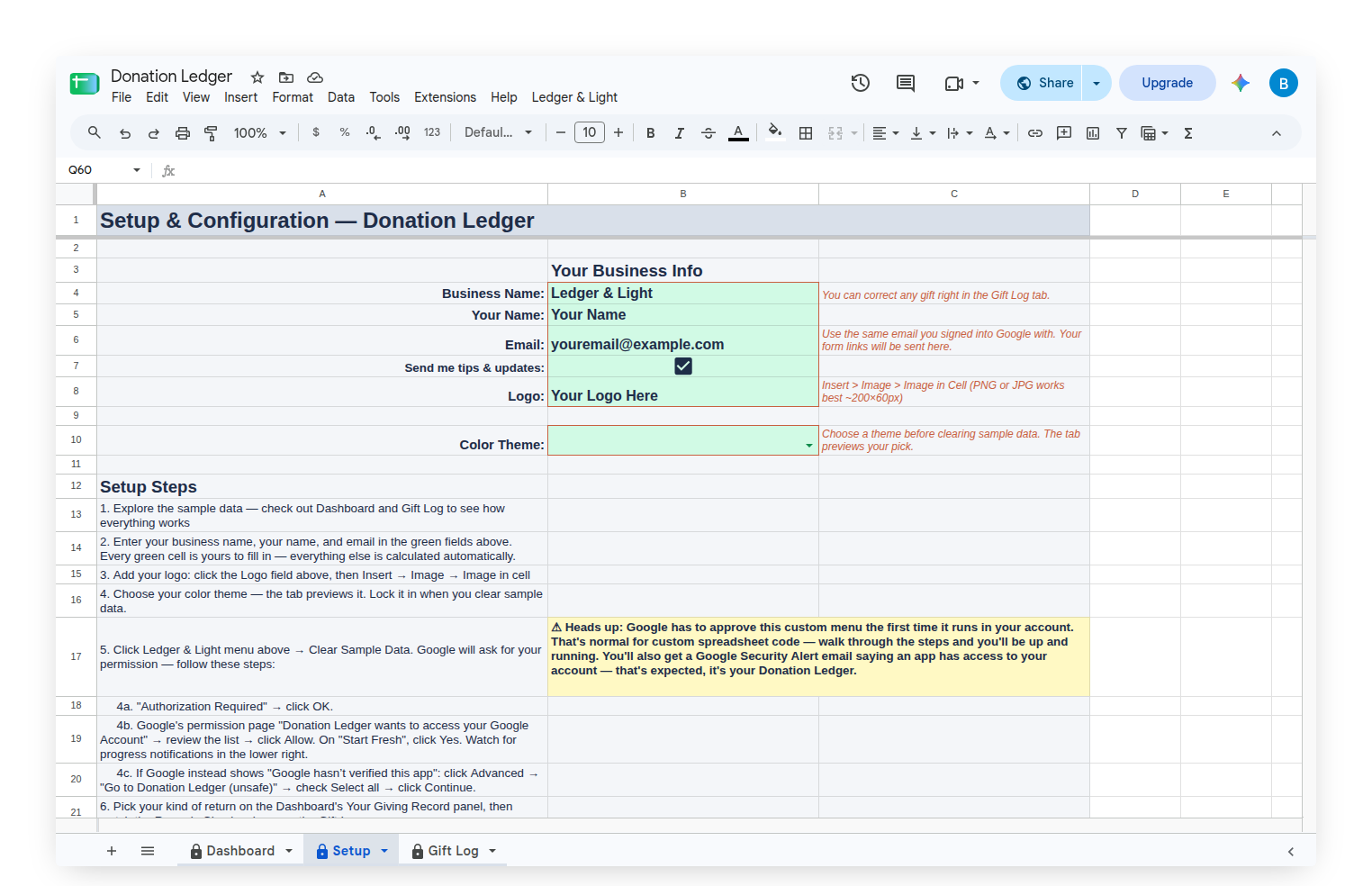 Donation Ledger Setup tab