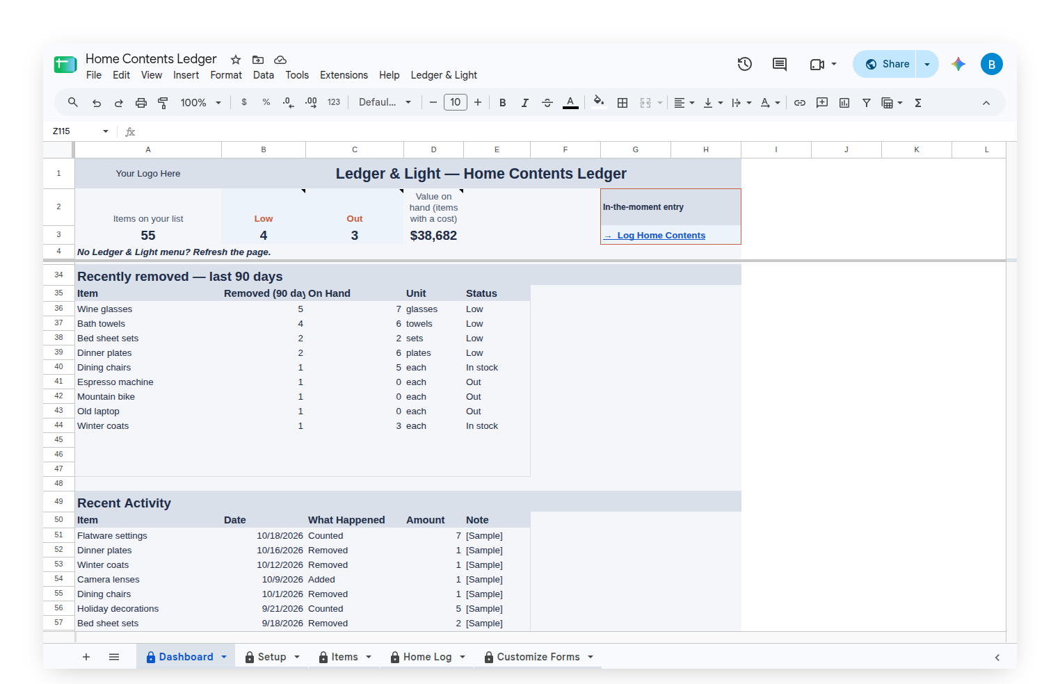 Home Contents Ledger Dashboard Recently removed band and Recent Activity