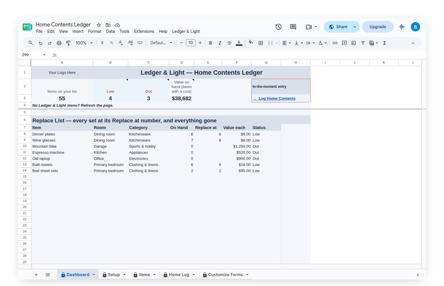 Home Contents Ledger Dashboard with the Replace List