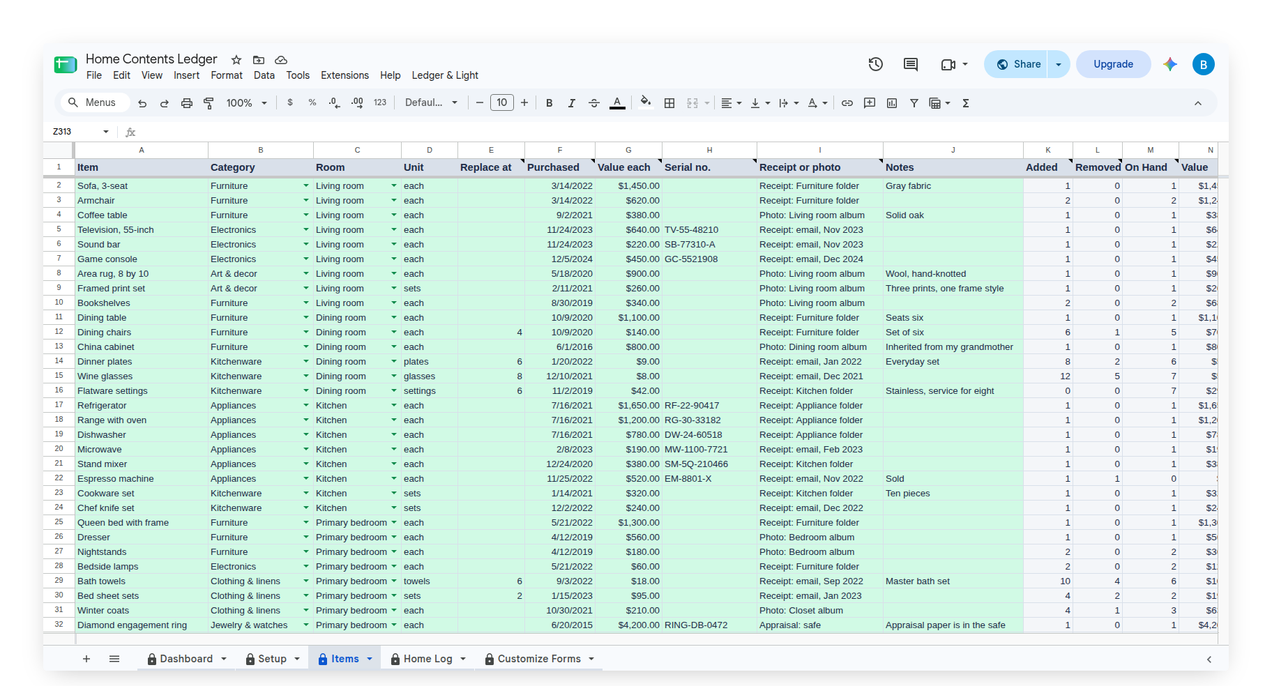 Home Contents Ledger Items tab with Room, Value each, Serial no. and On Hand