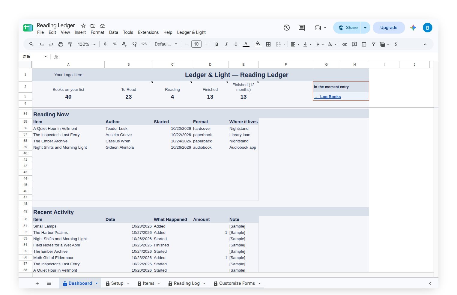 Reading Ledger Dashboard Reading Now band and Recent Activity
