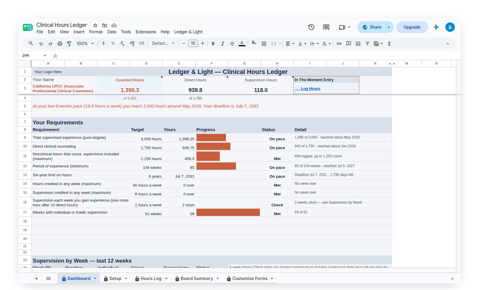 Clinical Hours Ledger Dashboard with Your Requirements and the pace line