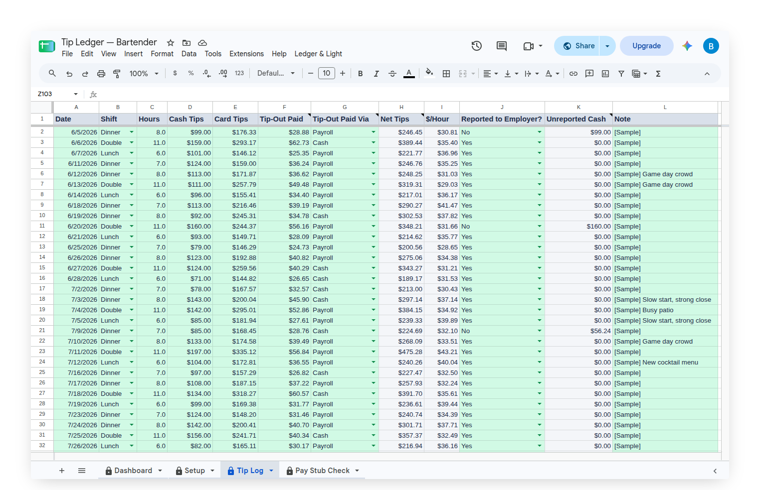 Tip Ledger Tip Log with cash tips, card tips and tip-out columns
