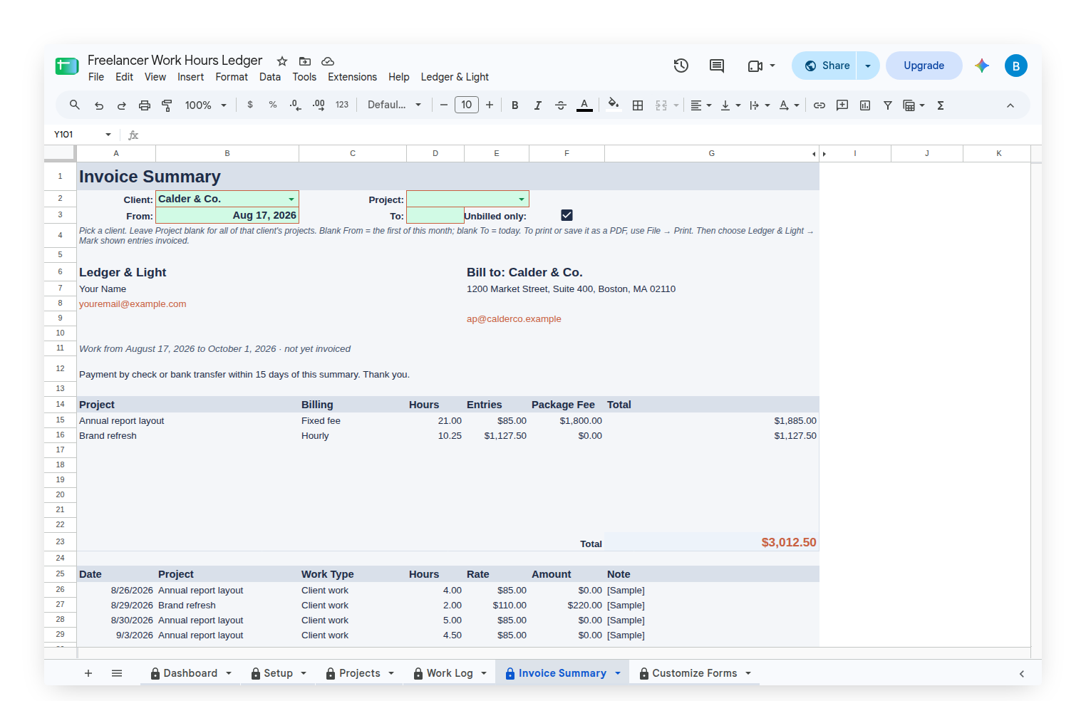 Work Hours Ledger Invoice Summary with the Bill to block and project totals