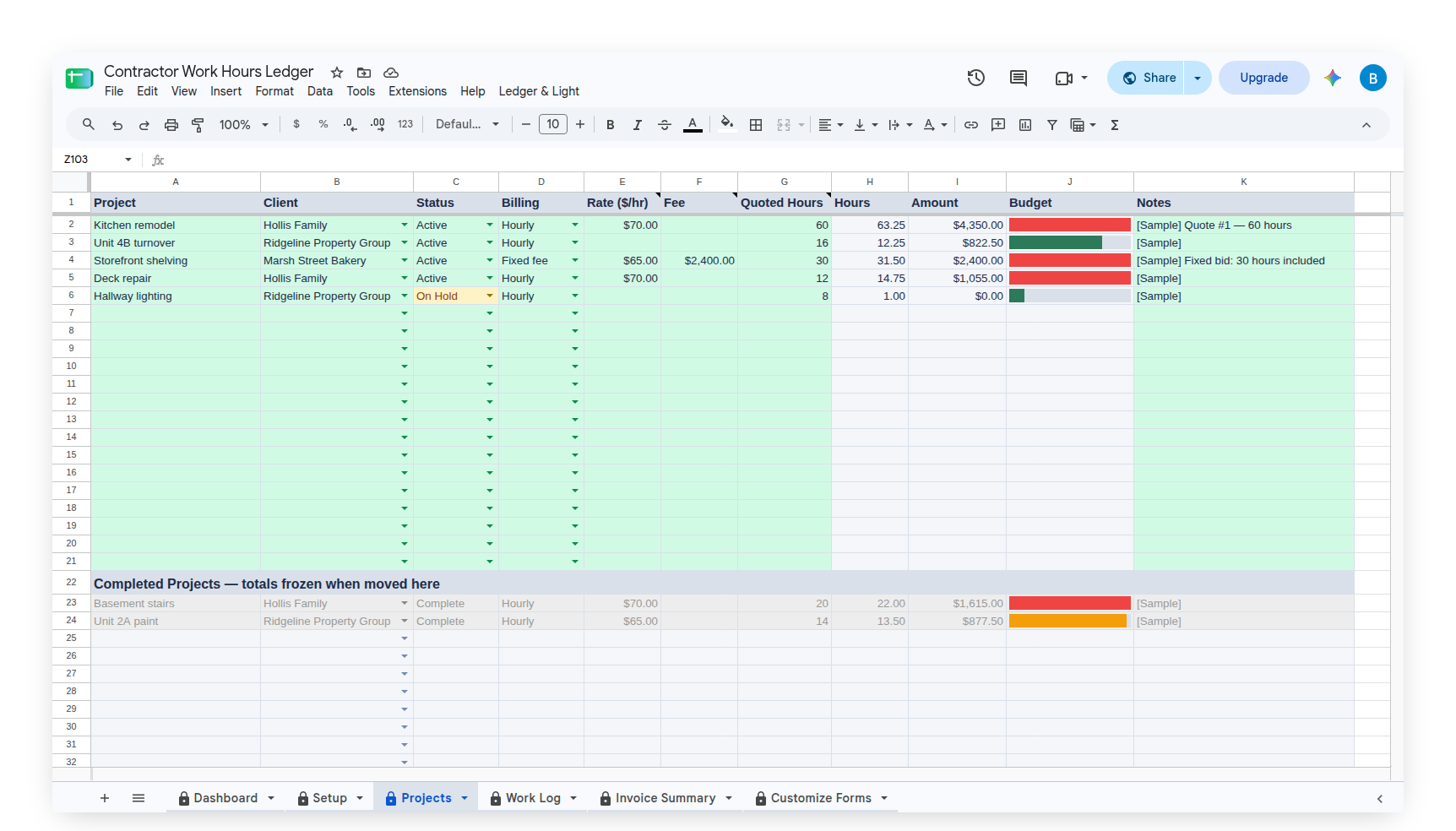 Work Hours Ledger Projects roster with Quoted Hours and budget bars
