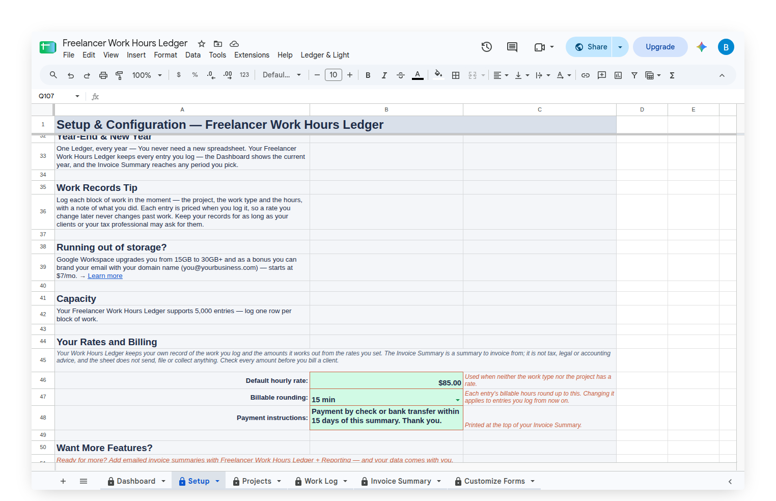 Work Hours Ledger rates and billing settings with default rate, rounding and payment instructions