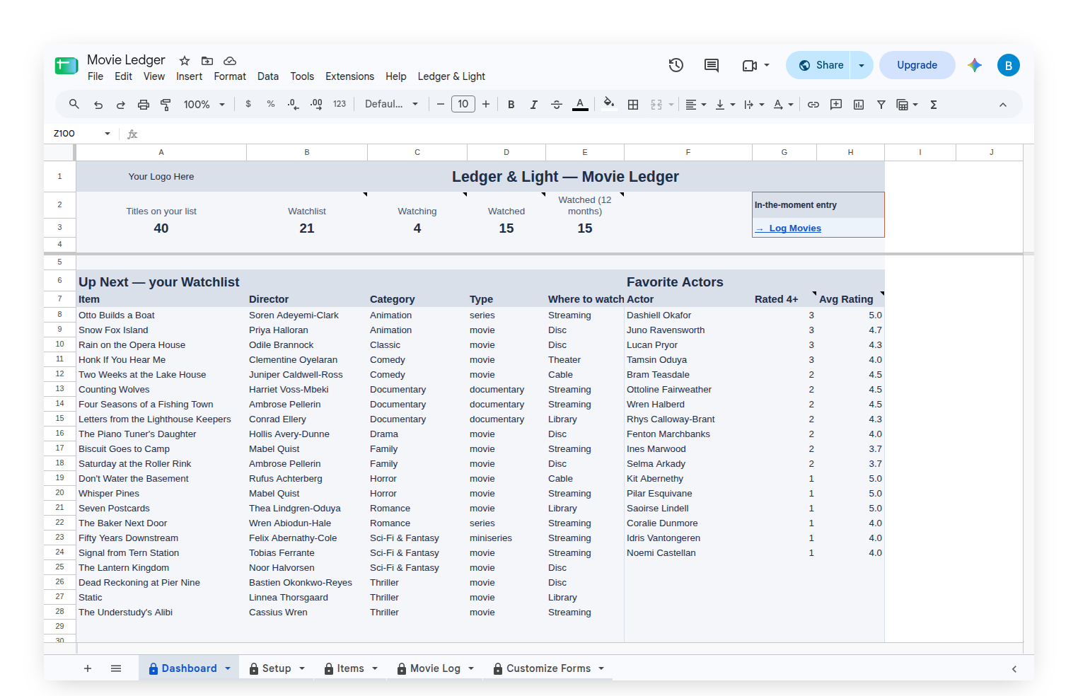 Movie Ledger Dashboard with Up Next and the stage counts