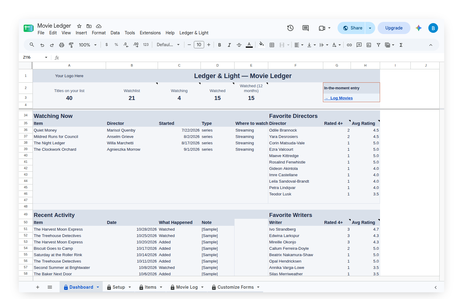 Movie Ledger Dashboard Watching Now band and Recent Activity