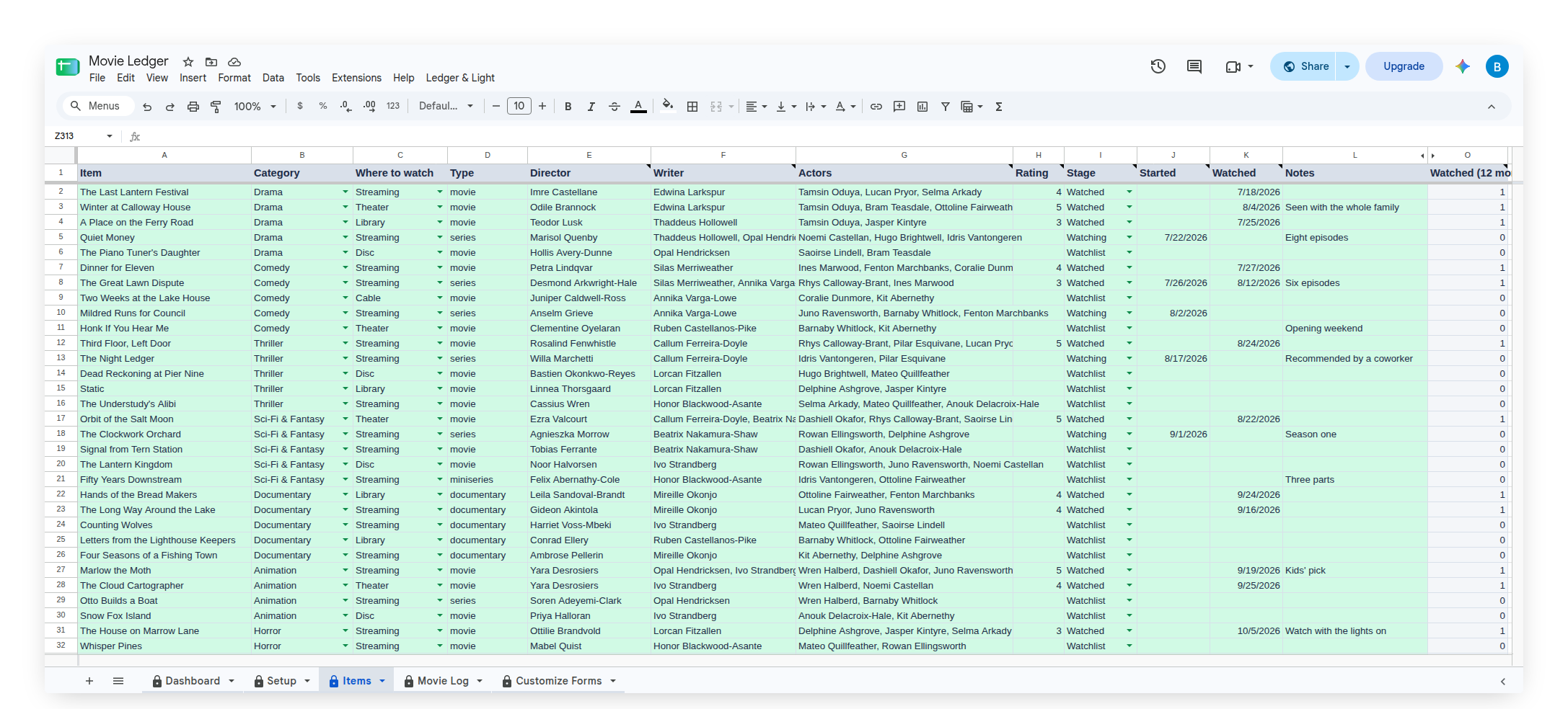 Movie Ledger Items tab with Director, Rating, Stage, Started and Watched