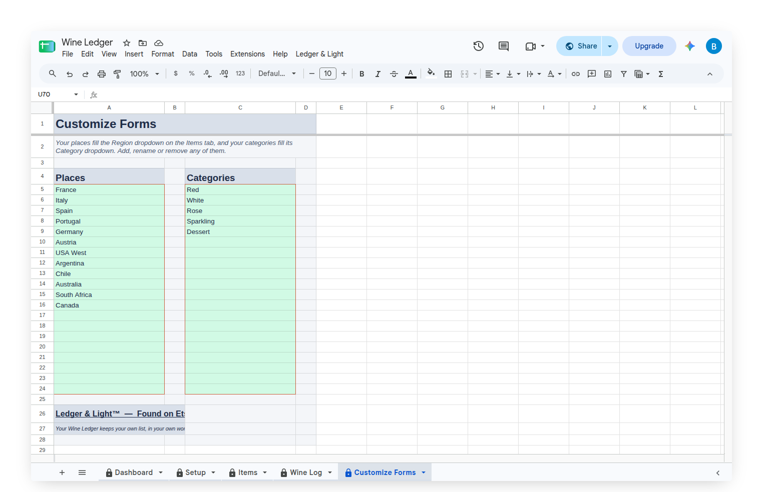Wine Ledger Customize Forms tab with Region and Categories