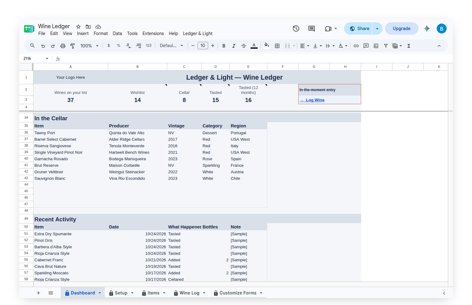 Wine Ledger Dashboard In the Cellar band and Recent Activity