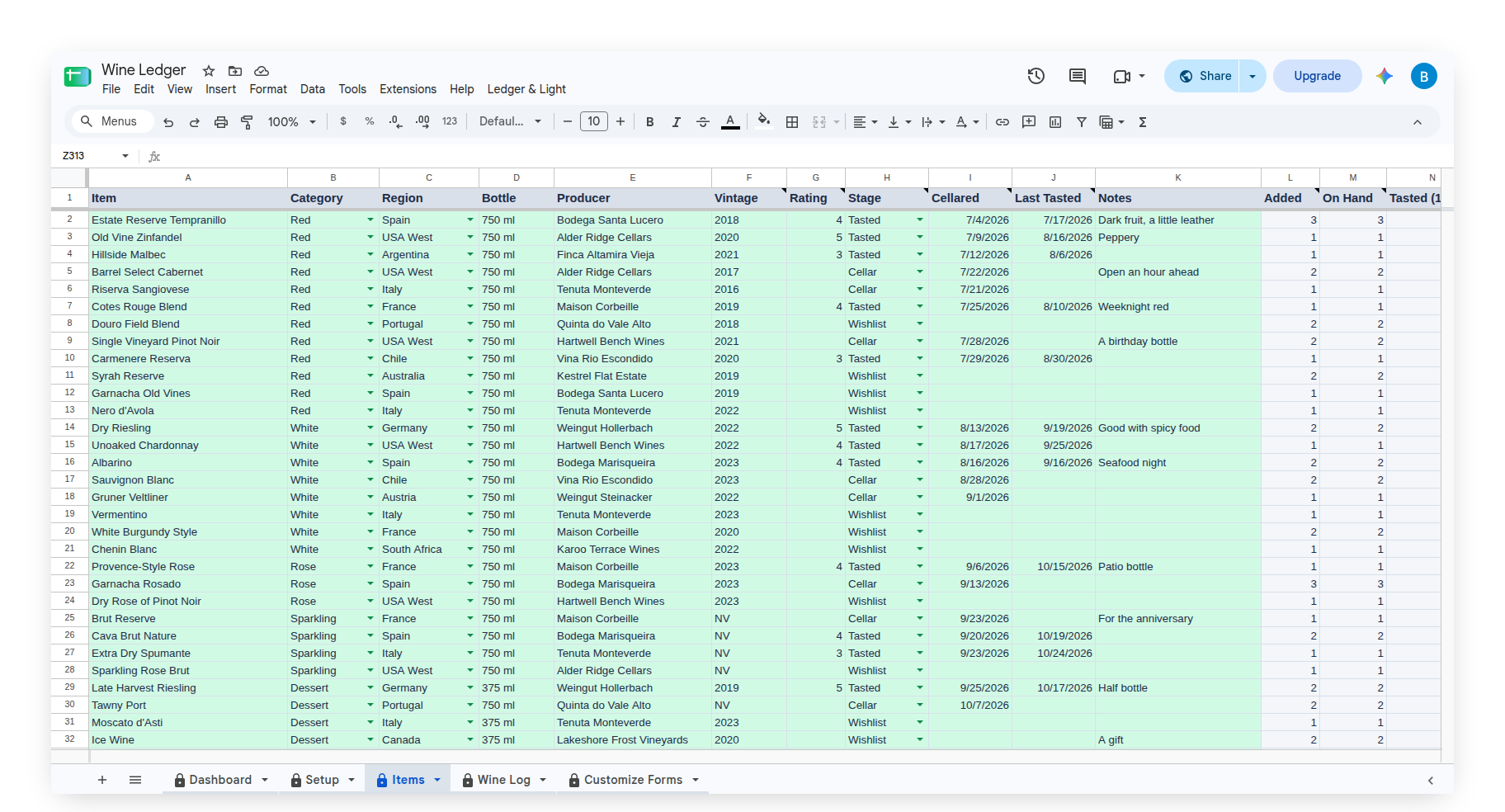 Wine Ledger Items tab with Producer, Vintage, Rating, Stage and Last Tasted