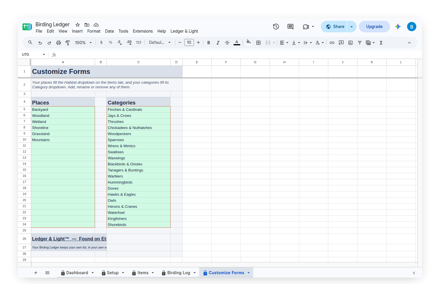 Birding Ledger Customize Forms tab with Habitat and Categories