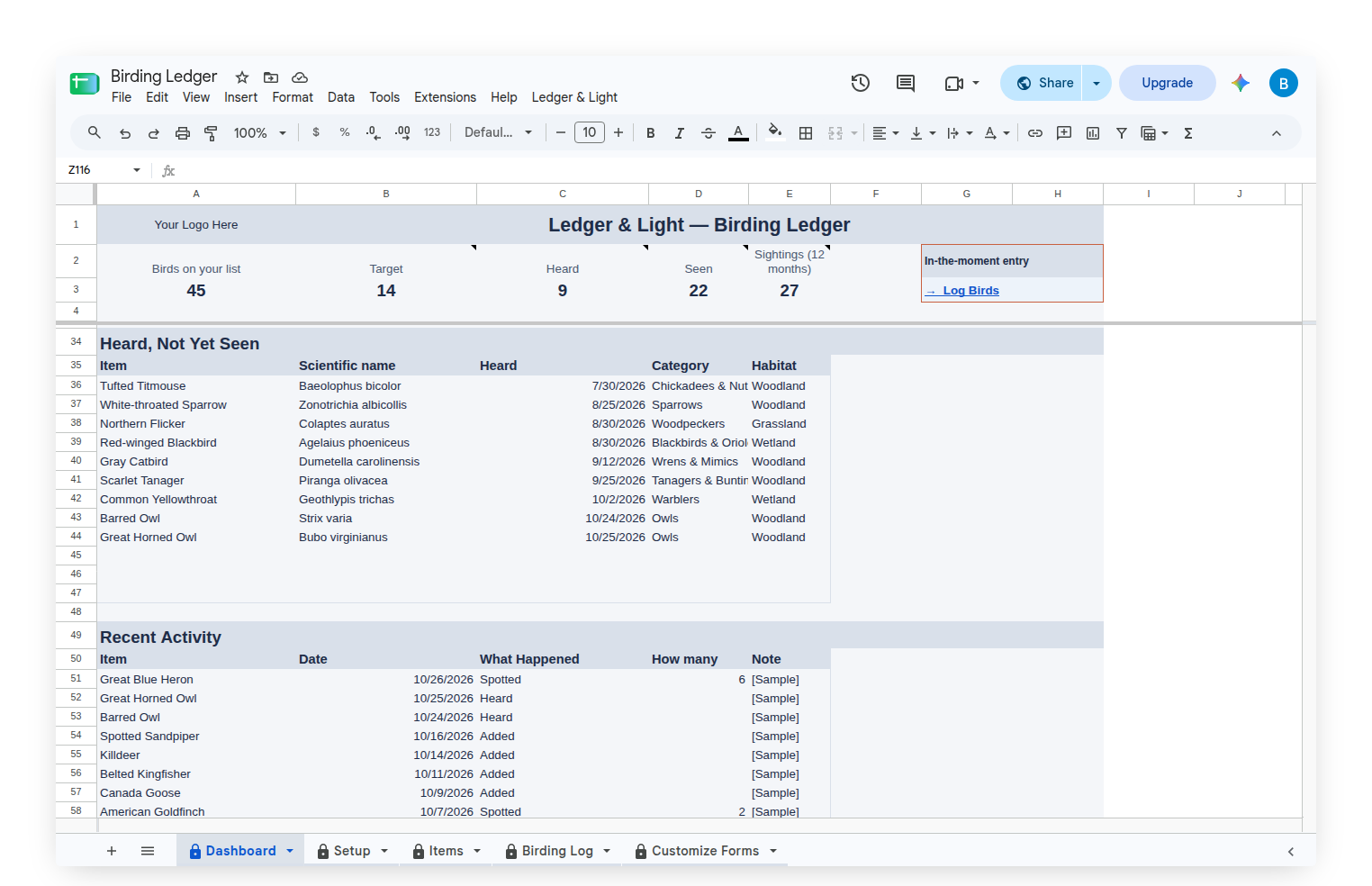 Birding Ledger Dashboard Heard, Not Yet Seen band and Recent Activity