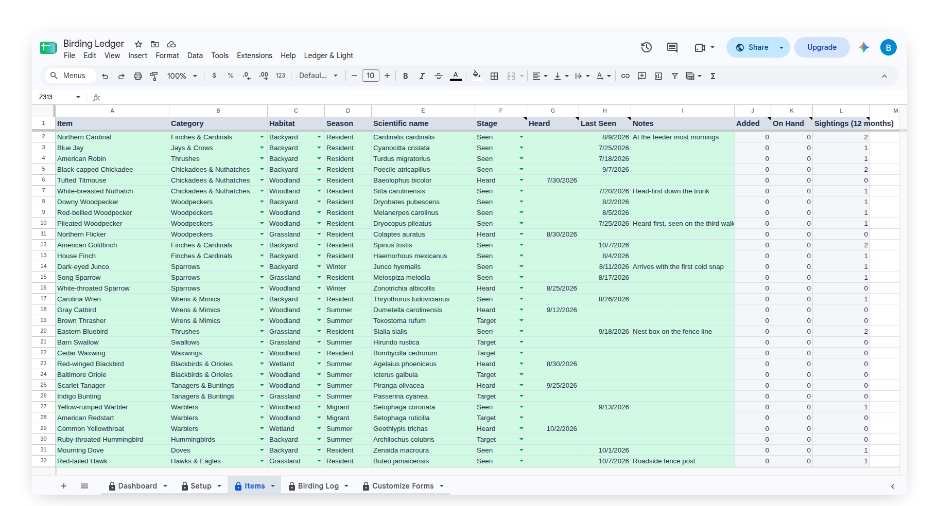 Birding Ledger Items tab with Scientific name, Stage, Heard and Last Seen