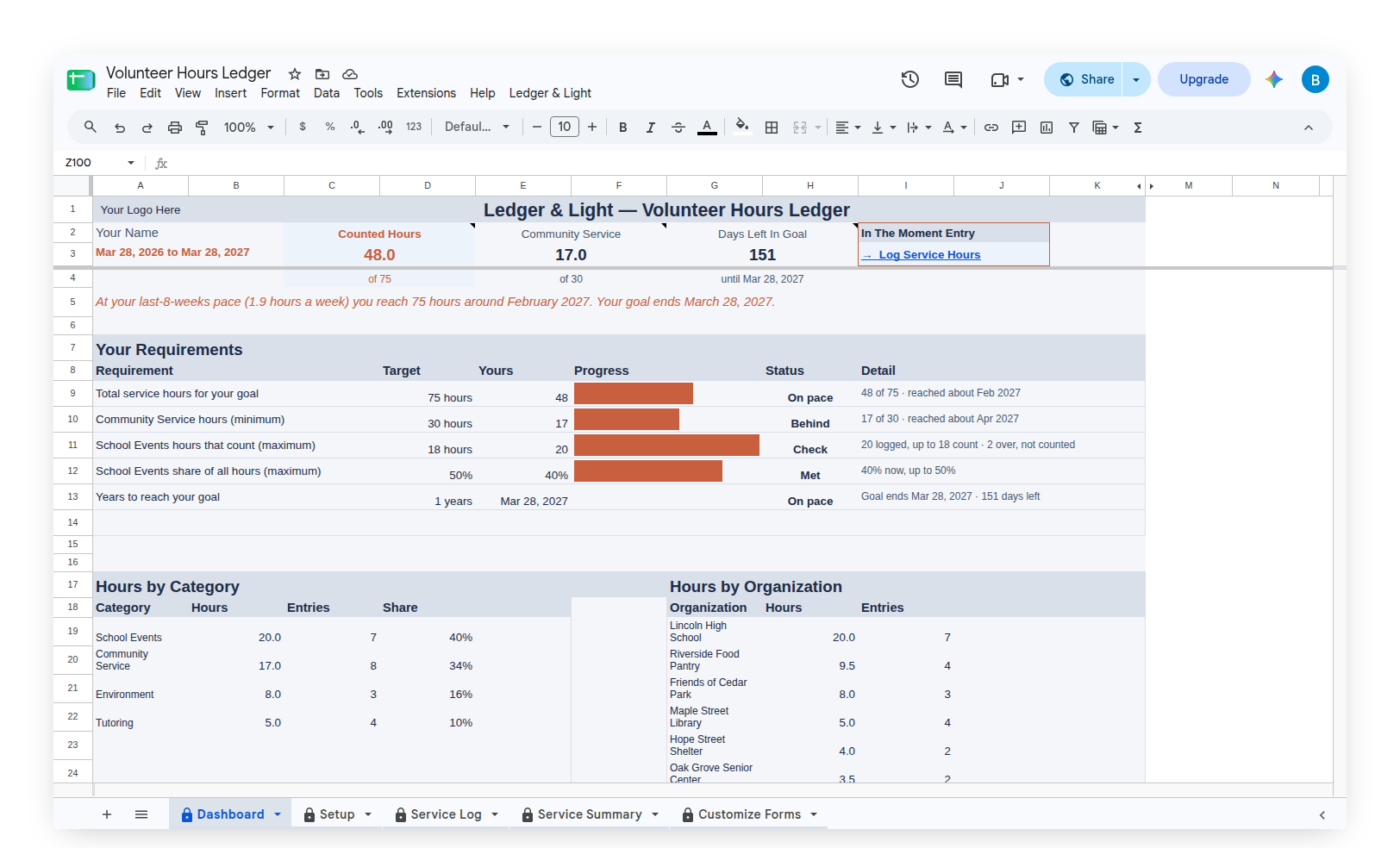 Volunteer Hours Ledger Dashboard with Your Requirements and the pace line