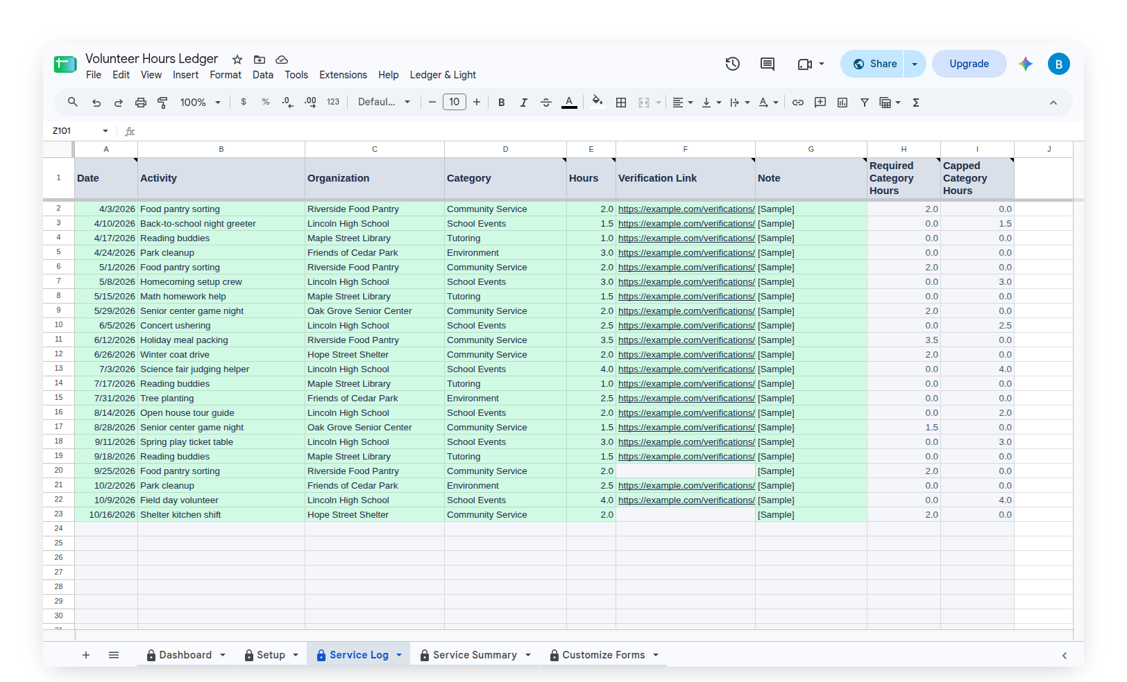 Volunteer Hours Ledger Service Log with the Verification Link column