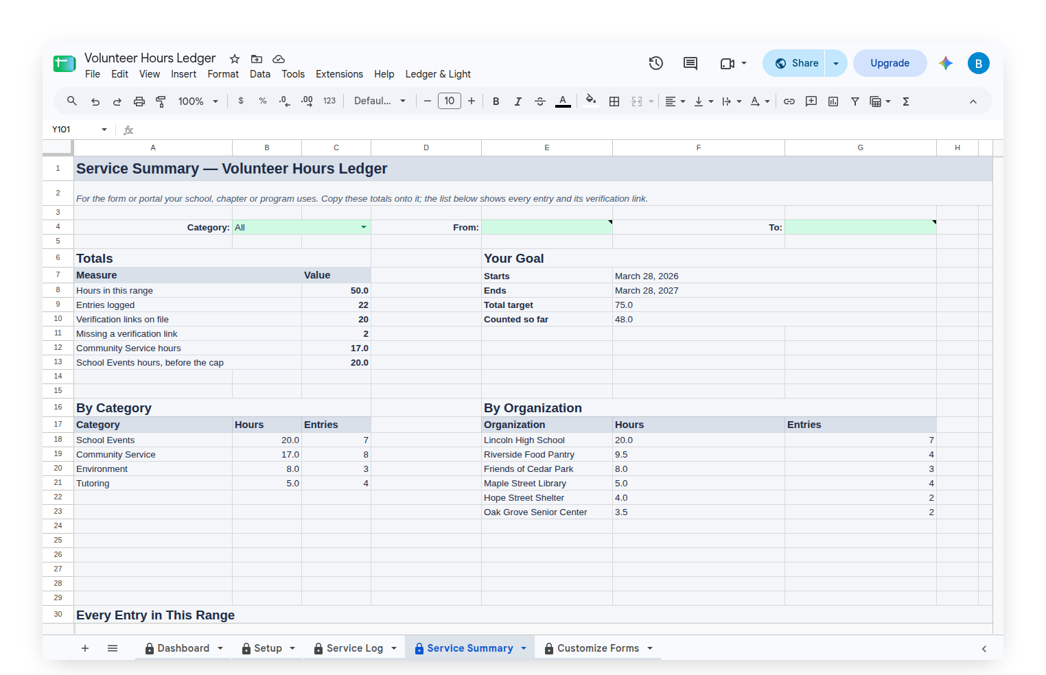 Volunteer Hours Ledger Service Summary with totals and verification links