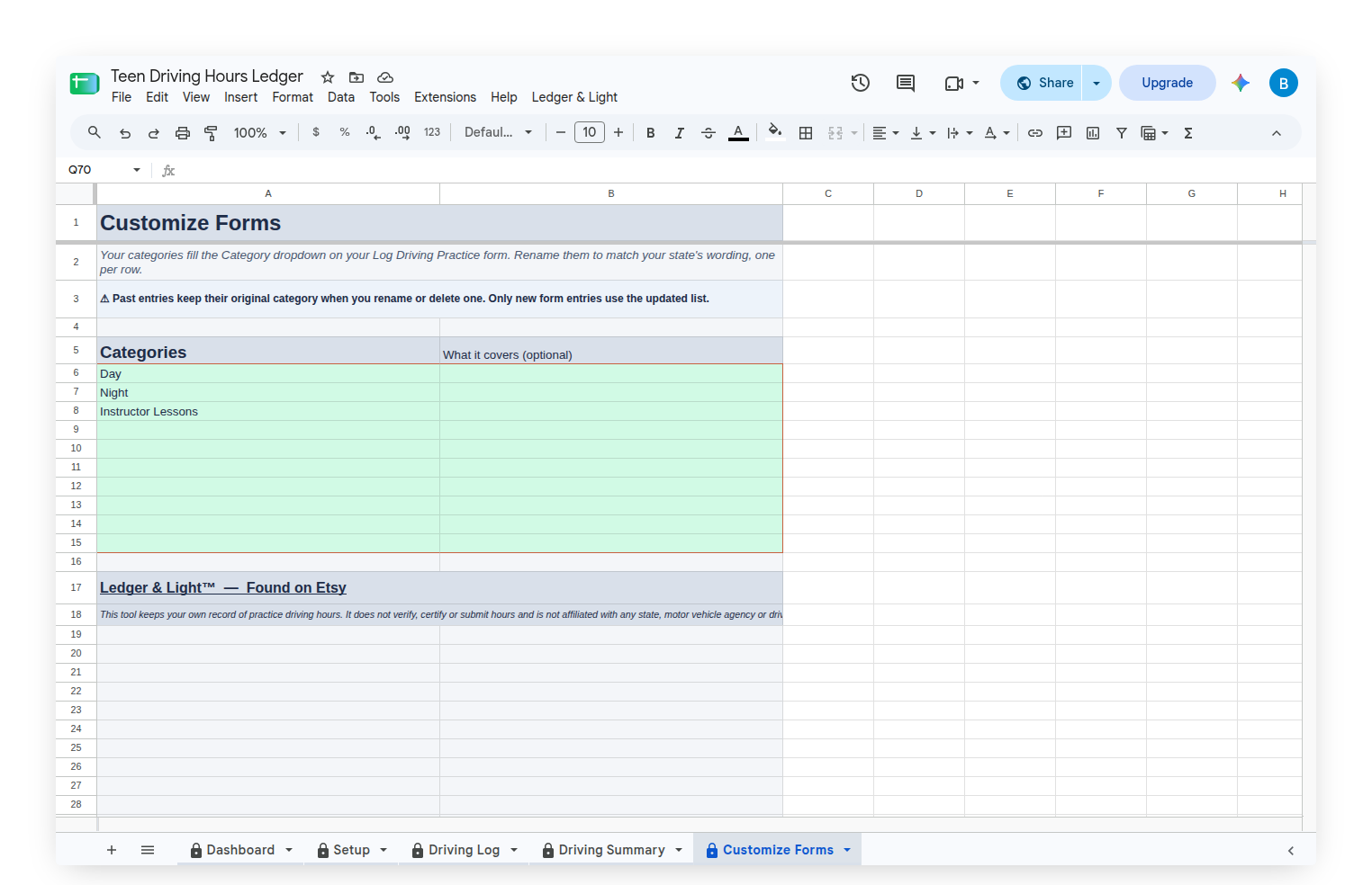 Teen Driving Hours Ledger Customize Forms tab with Categories