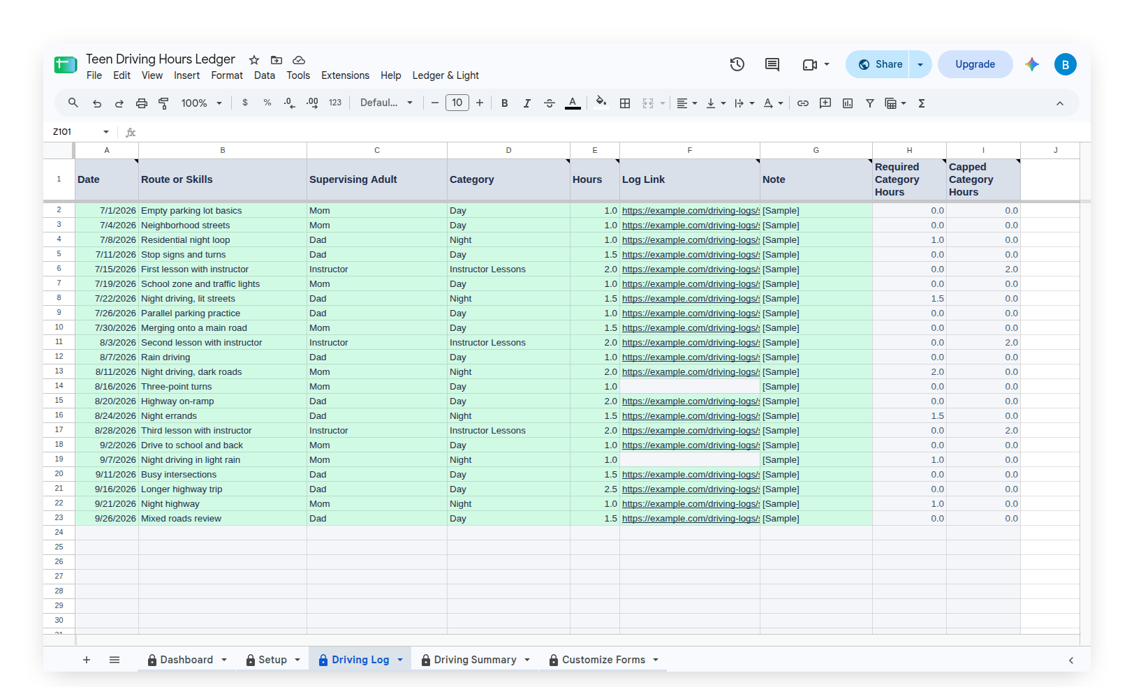 Teen Driving Hours Ledger Driving Log with the Log Link column